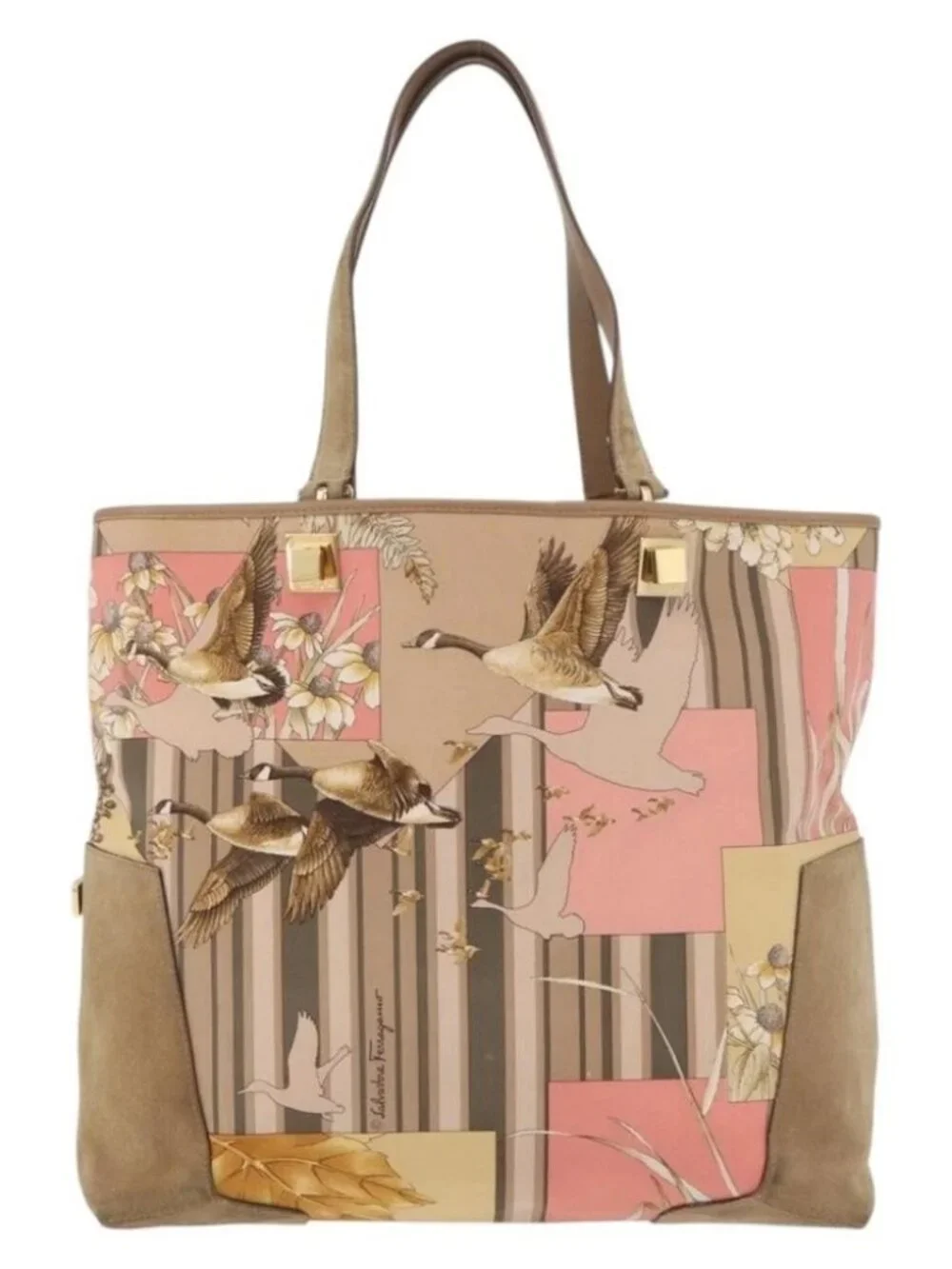 Salvatore Ferragamo Tote Bag Nylon Beige Gold Auth BAZ714A